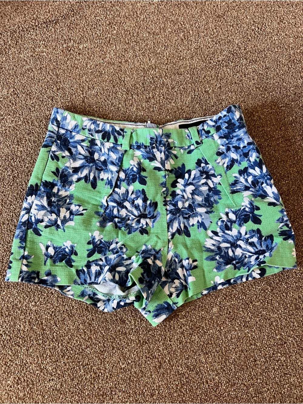 J. Crew Green Floral High-Waist Shorts with Blue Accents